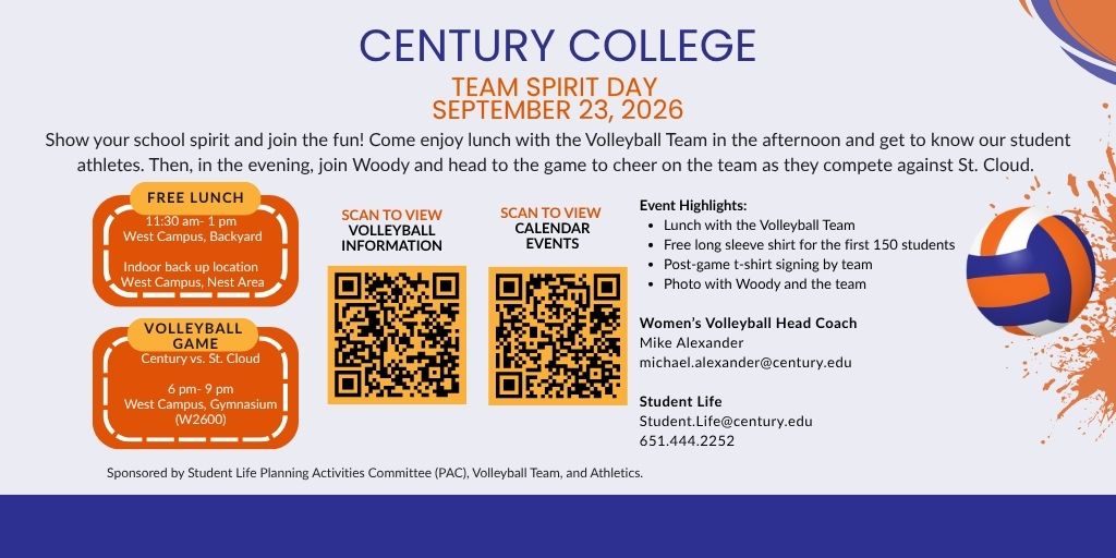 CenturyCollege's tweet photo. Show your Wood Duck pride at Team Spirit Day on Sept. 23!

Free lunch: 11:30 AM–1 PM, West Campus Backyard

Century Volleyball vs. St. Cloud: 6–9 PM, Gymnasium W2600

Plus giveaways, team activities and more.

#CenturyCollege #CenturyVolleyball #WoodDuckPride https://t.co/towkycjmQv