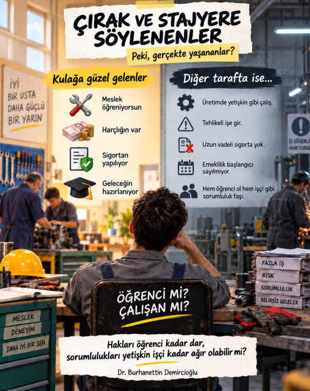bdemircioglu's tweet photo. ÖĞRENCİ Mİ, ÇALIŞAN MI?

Çırak ve stajyere, “Meslek öğreniyorsun, geleceğe hazırlanıyorsun, sigortan yapılıyor” deniliyor. Ancak işyerine adım attığında çoğu zaman üretimin içinde yetişkin bir işçi gibi çalışması, tehlikeli işlere girmesi ve ağır sorumluluklar üstlenmesi bekleniyor.

Üretimde çalışan sayılıyor; sıra sosyal güvenlik hakkına geldiğinde öğrenci kabul ediliyor. Yapılan sigorta uzun vadeli sigorta kollarını kapsamıyor, bu nedenle emeklilik başlangıcı olarak değerlendirilmezken harcanan emek yıllar sonra yok sayılıyor.

Buradaki temel çelişki açıktır: Bir çocuğun sorumluluğu yetişkin işçi kadar ağırsa, sosyal güvenlik hakkı neden öğrenci statüsü kadar dar tutuluyor?

Çırak ve stajyerlerin borcu yoktur; çalışarak doğmuş hak alacakları vardır. Çözüm, geçmişteki emeği yeniden satın aldırmak değil, üretimde geçen ve belgelenen çalışma sürelerini sigortalılık başlangıcı olarak kabul etmektir.

Emek varsa hak da vardır. Üretimde işçi olan, sosyal güvenlikte görünmez sayılamaz.