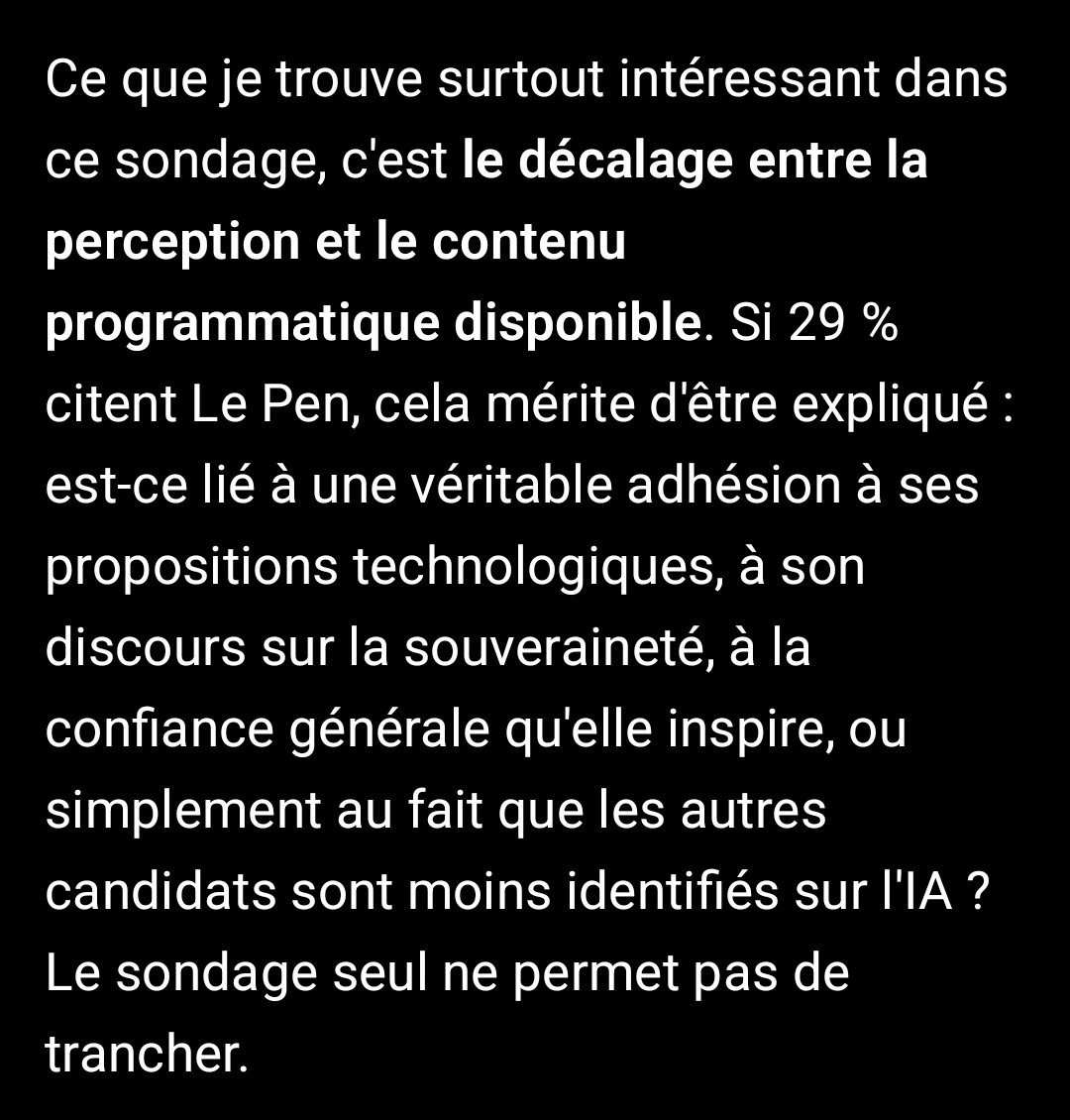 phmg31's tweet photo. @MichelF29015597 J'ai posé la question suovante à l'IA :

"Un sondage dit que Marine le Pen est la plus à même de gérer les défis de l'IA. Qu'en penses tu ?"

Réponse de l'IA : https://t.co/FmyxhStti7