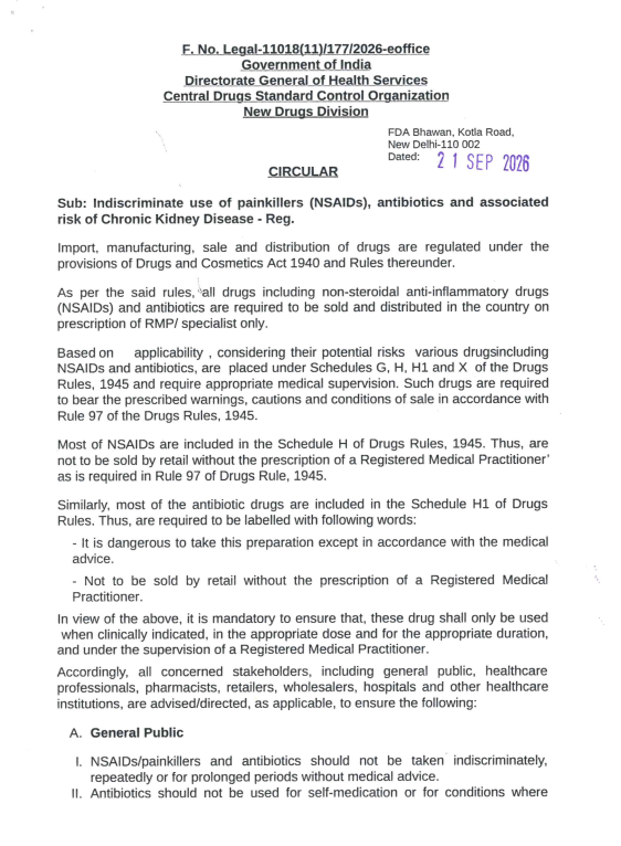 ANI's tweet photo. The Central Drugs Standard Control Organisation (CDSCO) has issued an advisory circular addressed to healthcare professionals, pharmacies, retailers, distributors, and hospitals regarding the indiscriminate use of painkillers, specifically Non-Steroidal Anti-Inflammatory Drugs (NSAIDs), and antibiotics. The circular highlights the severe medical risks associated with the unregulated and over-the-counter consumption of these medicines, explicitly linking their unchecked use to the development and acceleration of Chronic Kidney Disease (CKD).