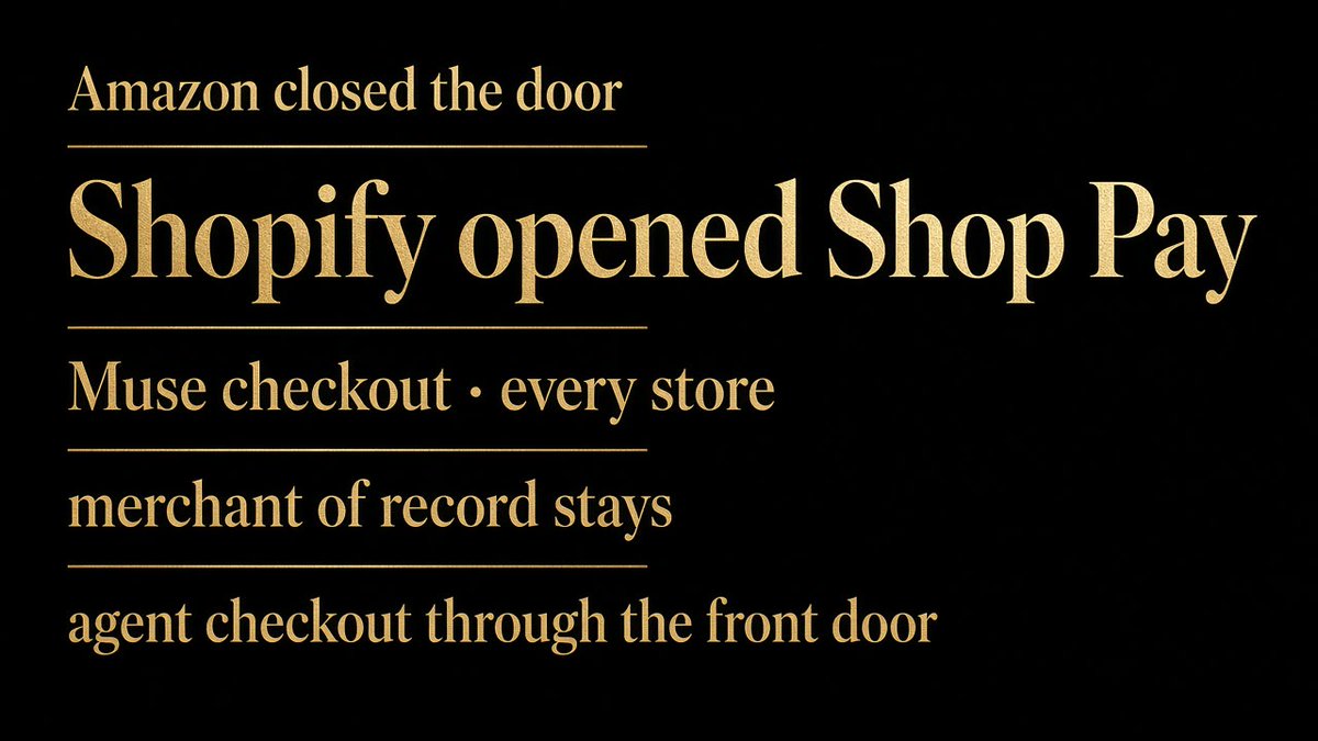 dnzxlyfe's tweet photo. Amazon ToS-walled Muse. Shopify just opened Shop Pay checkout for Muse on every Shopify store. Merchants stay merchant of record. If you sell on Shopify, agent checkout is coming through the front door. https://t.co/yxAwOyCUzZ