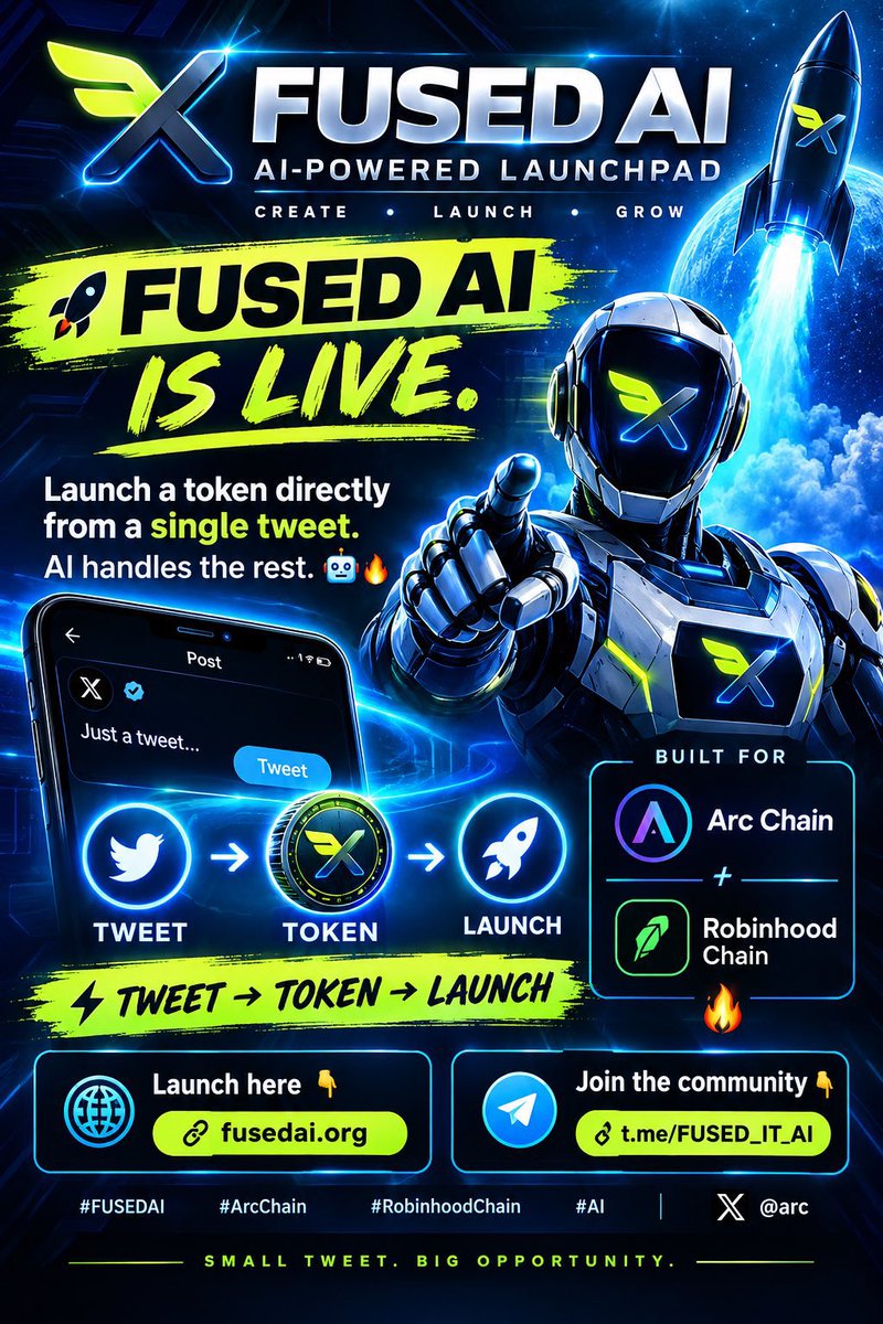 RUKDANN's tweet photo. @arc FUSED AI IS LIVE.

Launch a token with just ONE tweet. 🤖🔥

⚡ Tweet → Token → Launch

Built for Arc Chain &amp; Robinhood Chain.

Launch 👇
https://t.co/ecuk7efdxU

Join the community 👇
https://t.co/cDZcXLWFjk

#ArcChain #RobinhoodChain https://t.co/0qtboIx9eH