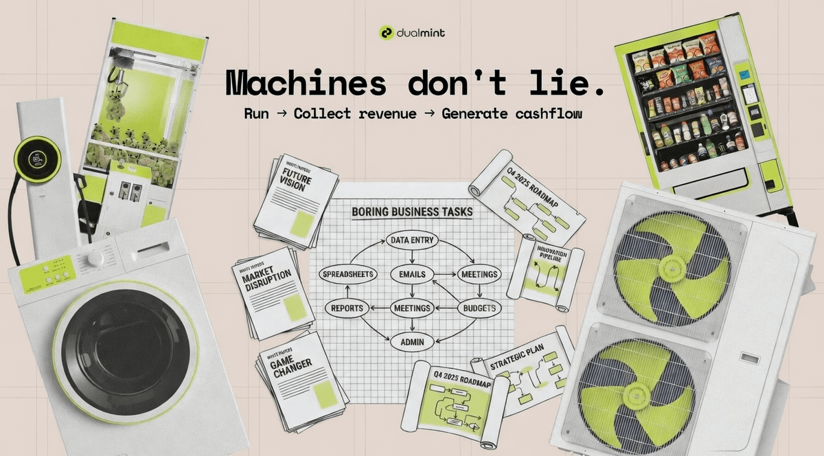 mhlsamtygggc's tweet photo. What if a Web3 project generated revenue from machines that people actually use?

That’s the interesting part about @DualMintRWA 

PLAY is built around a vault of 200 operating claw machines, connecting on chain participation with real world machine revenue.

This isn’t a model built around constant token emissions.
The machines are already operating in the real world, serving real customers and generating revenue through actual usage.

That creates a much more tangible foundation for the ecosystem.
- Real machines
- Real users
- Real world revenue

The idea is straightforward :
Machines generate revenue → revenue flows through the ecosystem → participants gain exposure to an activity tied to real world operations.

No need to manufacture demand through endless incentives.

With around 200 machines already operating, PLAY isn't just a concept about what could happen someday.
The focus is on turning an existing fleet of machines into an on chain RWA opportunity.

That distinction is worth paying attention to.

Of course, real world revenue doesn't mean zero risk.
Machine performance, locations, maintenance, operating costs, customer demand and revenue distribution all matter.

But those are tangible business variables that can actually be measured.

That’s what makes @DualMintRWA worth watching

The thesis is simple :
- Build around productive real world assets.
- Generate revenue from actual activity.

Use blockchain to create a more transparent and accessible layer around it.
It could be about finding assets that already generate cash flow, and bringing that activity on chain.

200 claw machines.
Real world usage.
Real machine revenue.

That’s the PLAY thesis