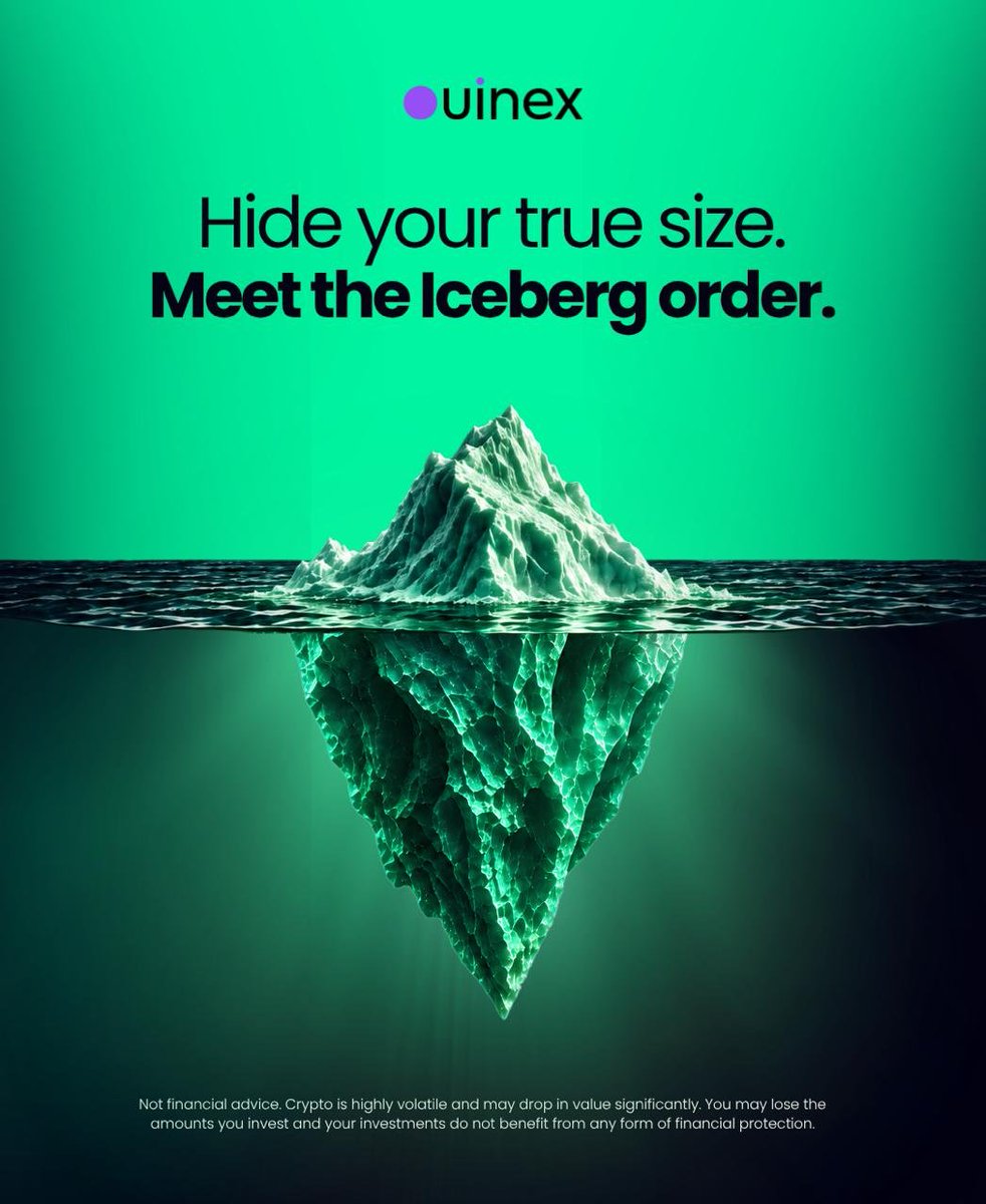 Ouinex's tweet photo. Hide your true size on the order book.

The Iceberg order places your full order, but only shows a slice at a time. The rest stays hidden until it fills.

Build or unwind big positions without moving the market.

Try it 🧊 https://t.co/4EDT1Pv9Pn https://t.co/mxNmEcAbad