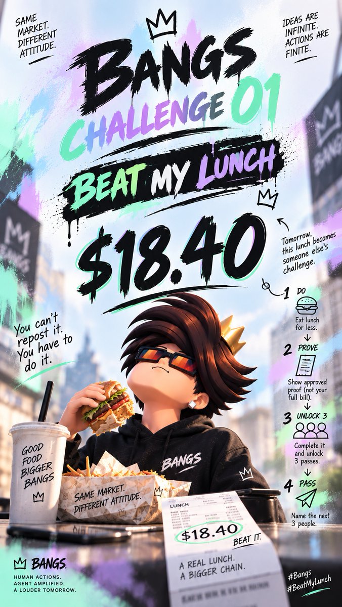 Bangs404's tweet photo. You can’t repost this one.
You have to do it.

Beat it → Prove it → Bang 3 friends
Welcome to BANGS.

Rules:  
1. Receive a lunch target from someone (we give it from $18.6) 
2. BEAT IT Eat a real lunch for less than their target. 
3. PROVE IT Submit approved proof. 
4. Tag 3 friends