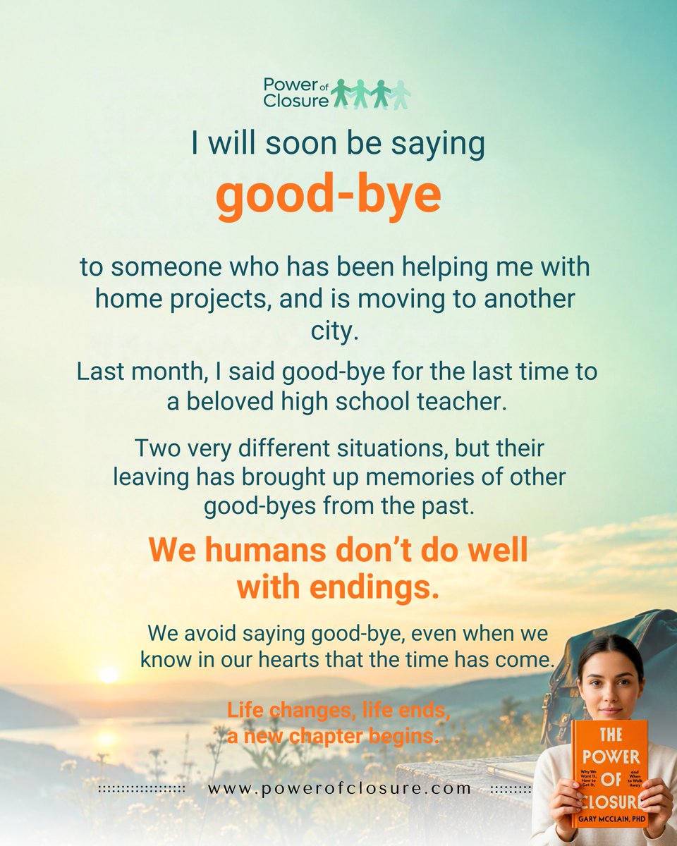DrGaryJGD's tweet photo. Goodbyes can reopen old memories. Different endings, same reminder: we struggle with goodbyes. Life changes, life ends, and a new chapter begins.
https://t.co/5T3UMJjuyM
#Goodbyes #Closure #Endings #Change #Memories #LettingGo #Healing #Reflection #NewChapter #PowerOfClosure https://t.co/IRJsQeNieR