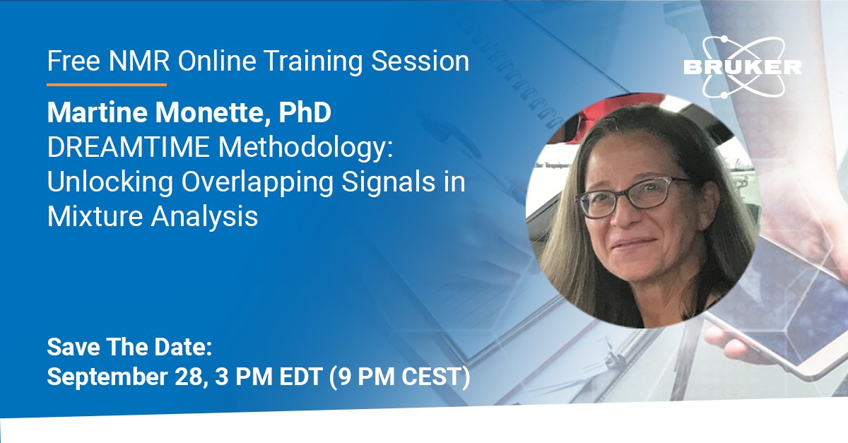 bruker's tweet photo. On September 28, at 3 PM EDT (9 PM CEST), join Martine Monette, PhD, for "DREAMTIME Methodology: Unlocking Overlapping Signals in Mixture Analysis", the 5th Bruker NMR online training session of 2026!
Register here: https://t.co/r5RNSFL8RT

#Bruker #NMRTraining #BrukerNMRTraining https://t.co/MfqYiRZdF8