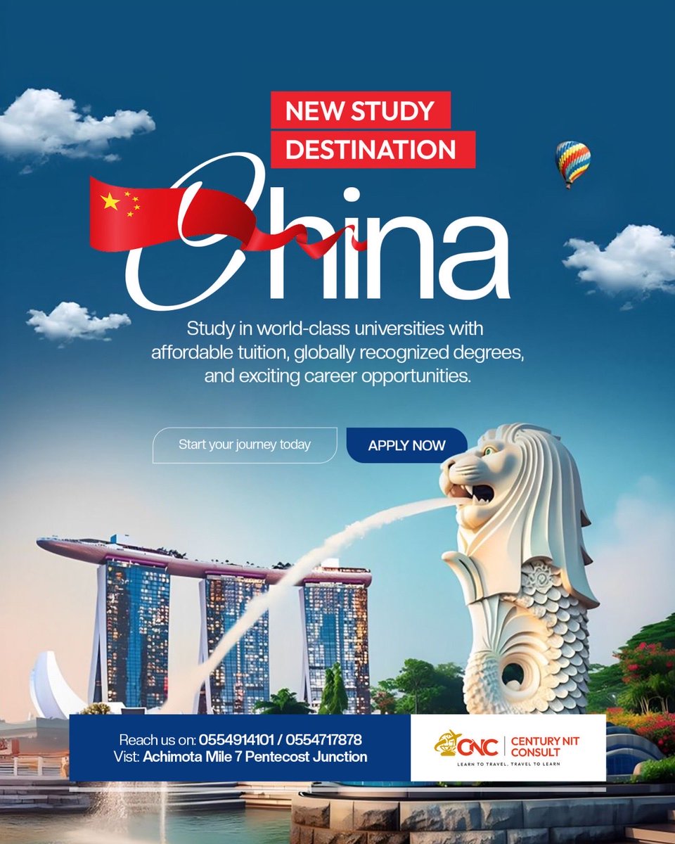century_nit's tweet photo. 🇨🇳🎓 A NEW DESTINATION. A NEW EXPERIENCE. A BRIGHTER FUTURE.
Study in China and discover opportunities to learn at world class universities while experiencing a vibrant new culture.
📞 0554914101 / 0554717878
📍 Achimota Mile 7, Pentecost Junction

#cnc #studyinchina #StudyAbroad https://t.co/nu97oohwXS