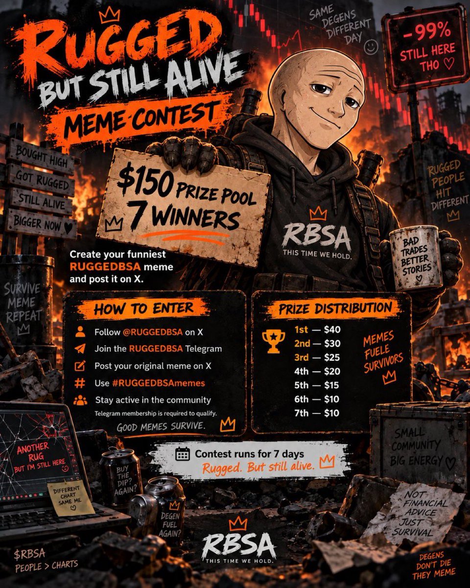 Steezehuman's tweet photo. 🔥 RUGGED BUT STILL ALIVE - MEME CONTEST 🔥

You survived the chart.

Now prove the trauma was worth something 🦆

💰 $150 PRIZE POOL
🏆 7 WINNERS

Create your funniest, most unhinged, most painfully relatable RUGGED BUT STILL ALIVE meme and post it on X.

Rugs. Jeets. Devs disappearing. Buying the top. Holding to zero. Coming back for another round.

If you’ve lived it, meme it.

HOW TO ENTER
• Follow  https://t.co/rvityoFbbR on X
• Join the official $RBSA telegram: https://t.co/Z6pSlakm7l
. Follow on TikTok: https://t.co/pLZwDOpbPb
• Post your original meme on X
• Use #RUGGEDBSAmemes
• Stay active in the community 👀

⚠️ Telegram membership is required to qualify.

Community activity, creativity, originality and how hard your meme hits will all be considered when selecting the winners.

🏆 PRIZES
🥇 1st — $40
🥈 2nd — $30
🥉 3rd — $25
4th — $20
5th — $15
6th — $10
7th — $10

⏳ CONTEST RUNS FOR 10 DAYS
22nd September-1st October 

One rug can destroy a wallet.

But apparently not your sense of humor.

RUGGED. BUT STILL ALIVE. 🔥

Show us what you’ve got.

#RUGGEDBSAmemes