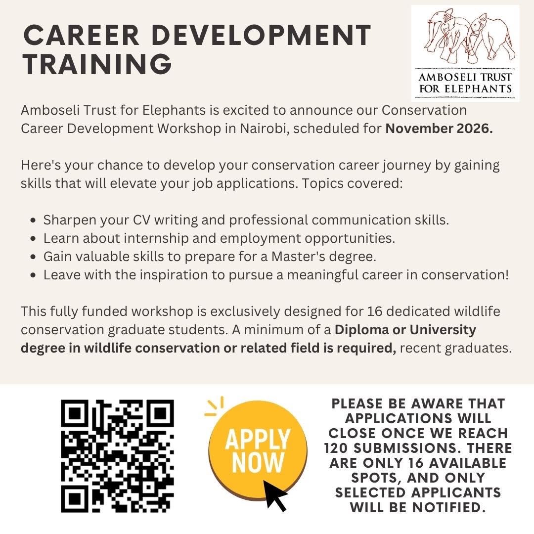 ElephantTrust's tweet photo. Fully funded Career Development Workshop in Nairobi this November!
Open to conservation graduates ready to sharpen their CV, explore job &amp; internship opportunities, and prep for a Master's.
Only 16 spots. Apply before we hit 120 submissions! https://t.co/RMhqMMEZyK