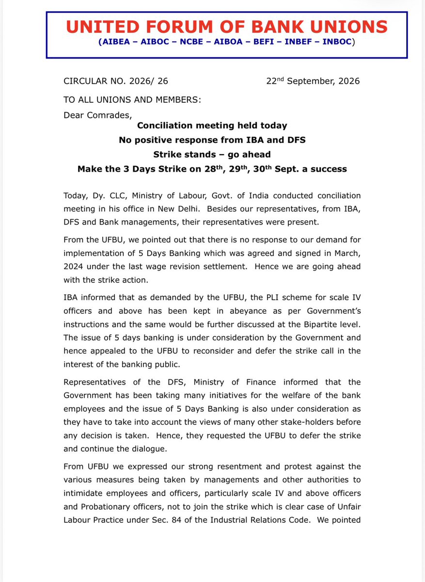 UFBUPUNE's tweet photo. 🚨 NOW OR NEVER! 🚨

No positive response. No 5-Day Banking yet.

✊ 28th • 29th • 30th SEPTEMBER — 3 DAYS STRIKE!

This is not the time to stay silent or sit back. This is the time to STAND UNITED, STAND STRONG & STAND TOGETHER!

🔥 Every member. Every cadre. Every branch.
🔥 Participate with full zeal, strength & solidarity.

Let our unity speak louder than any pressure.

3 DAYS. ONE DEMAND. ONE UNITED FORCE.

✊ MAKE IT A HISTORIC SUCCESS!

IT’S NOW OR NEVER!

-Convener UFBU,Pune
-Vitthal Mane
@nsitharaman @PMOIndia @rupamsmail @Vitthalraj_mane 
-