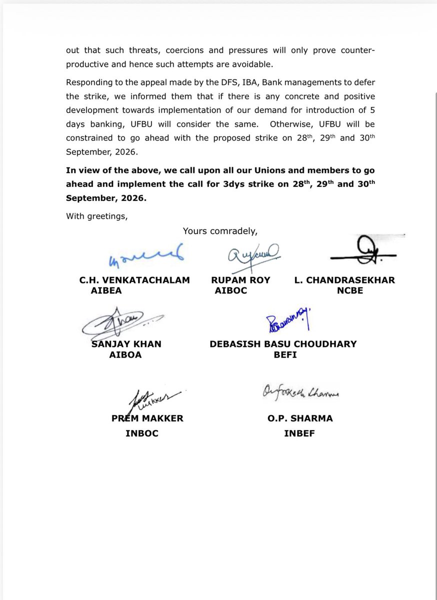 UFBUPUNE's tweet photo. 🚨 NOW OR NEVER! 🚨

No positive response. No 5-Day Banking yet.

✊ 28th • 29th • 30th SEPTEMBER — 3 DAYS STRIKE!

This is not the time to stay silent or sit back. This is the time to STAND UNITED, STAND STRONG & STAND TOGETHER!

🔥 Every member. Every cadre. Every branch.
🔥 Participate with full zeal, strength & solidarity.

Let our unity speak louder than any pressure.

3 DAYS. ONE DEMAND. ONE UNITED FORCE.

✊ MAKE IT A HISTORIC SUCCESS!

IT’S NOW OR NEVER!

-Convener UFBU,Pune
-Vitthal Mane
@nsitharaman @PMOIndia @rupamsmail @Vitthalraj_mane 
-