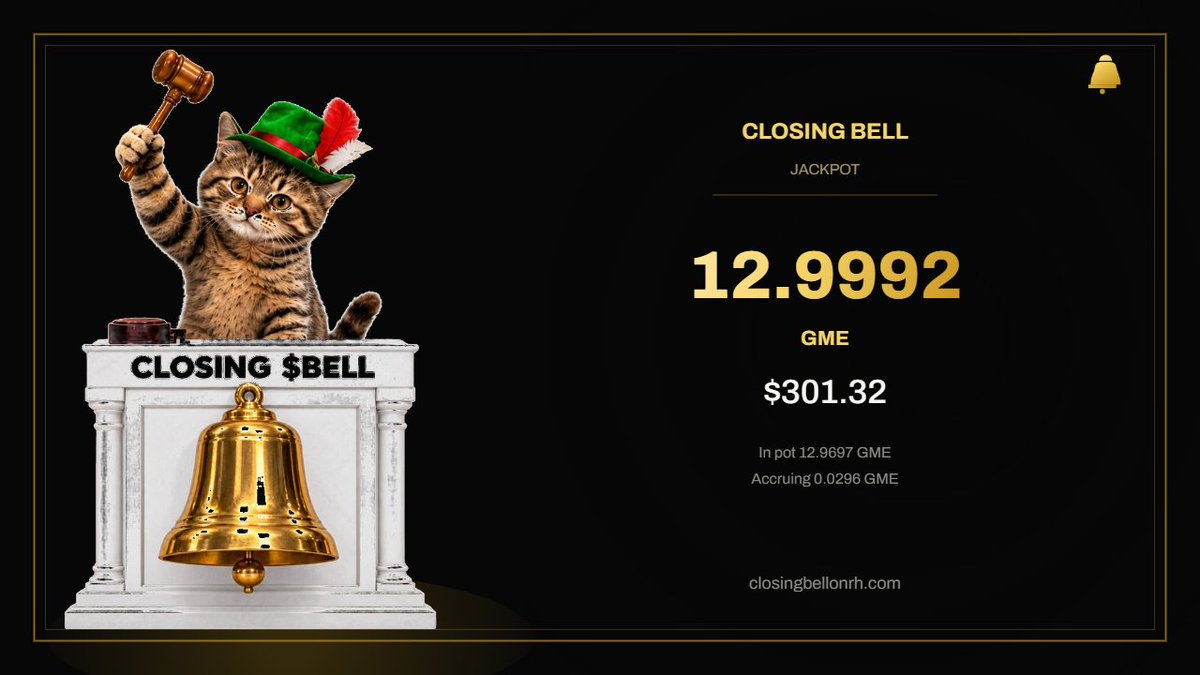ClosingBellOnRH's tweet photo. GM $BELL RINGERS 🔔

The next jackpot is 12.9992 $GME and set for NYSE OPEN bell 🔔. 2 more jackpots after that- lunch and CLOSING BELL

Winner picked and publicly verifiable along with all info @ https://t.co/uQmelT2QSy

We've already given away 8.85 GameStop. We do this 3x a day. 24/7.

Just buy $BELL and hodl.

CA: 0x72c185d3bddfdcea818079482350c36bf48fb1c7

Use the BELLWEATHER cat bot in the community to check odds, jackpot, participants, fairness etc
https://t.co/Ni49Z7CpvM