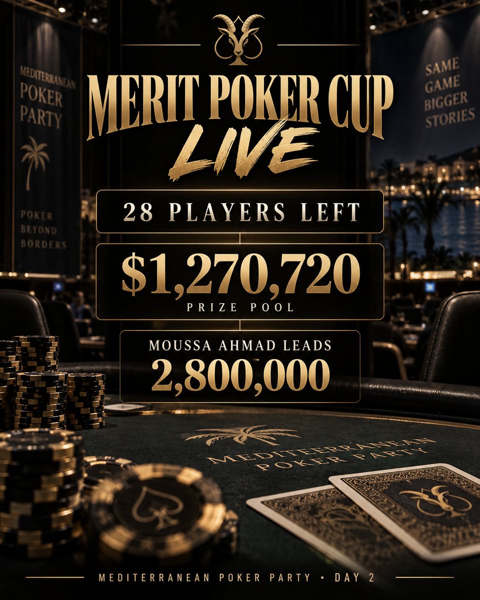 pokergoatz's tweet photo. The Merit Poker Cup is getting serious. 👀

Only 28 players remain from 418 entries, with $1,270,720 in the prize pool.

Moussa Ahmad leads the field with 2,800,000 chips as Day 2 moves into the crucial stage.

Who takes it down? ♠️

#Poker #PokerNews #LivePoker #MeritPoker #PokerTournament