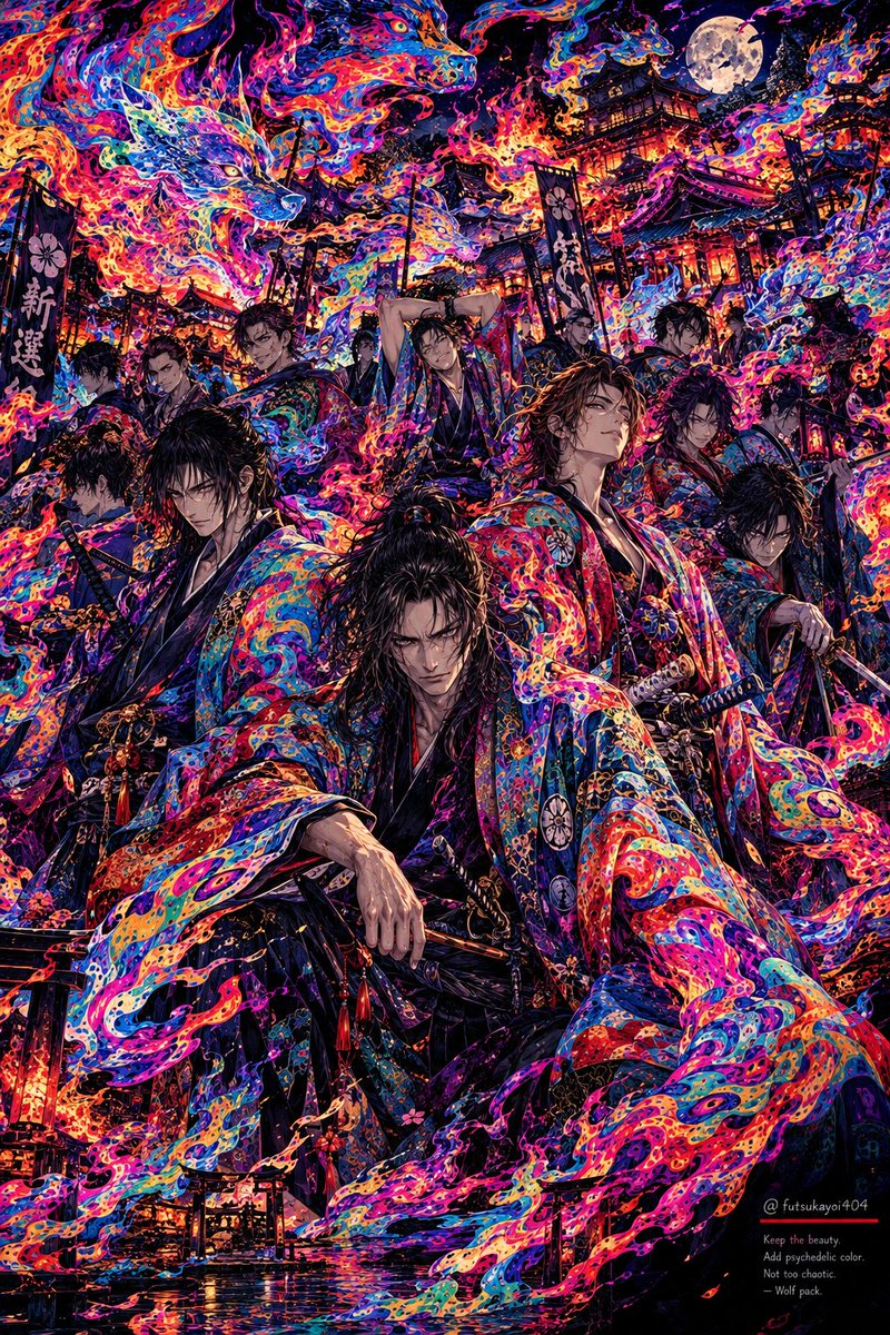 futsukayoi404's tweet photo. ◆ Psychedelic Series No.XXXIII

『RŌGUN』

They came when Kyoto was already burning.
Perhaps the fire was not the only thing spreading that night.

#404PsyTrip #PsychedelicArt
#JapaneseArt #Ukiyoe #AIart https://t.co/J1tPKB31jy