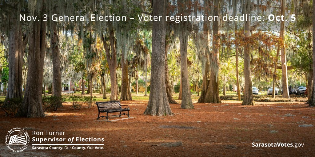 sarasotavotes's tweet photo. Today marks the official start of the fall season! It may not feel much like fall yet, but the voter registration deadline for the Nov. 3 General Election is less than two weeks away. Be sure to register or update your registration by Oct. 5. Learn how: https://t.co/9eIHXjYIy8 https://t.co/yZ8Y8j8YjA