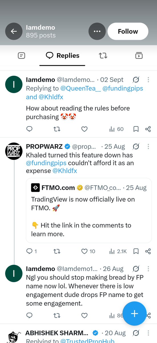traderabhishek's tweet photo. @Hermes_TheSaint @Iamdemo114099 @fundingpips @Khldfx @ErkanOriginal @TrustedPropHub @PropFirmMatch @vedictrades @Propfirmedge Bro don't take him seriously either he is from fp or a blind follower. https://t.co/gGh6zHqkQc