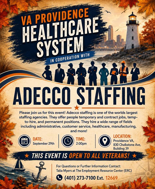 VAProvidence's tweet photo. Ready to take the next step in your career? Join @VAProvidence and @Adecco for a Veterans hiring event on Sept 29! #VAProvidence #Veterans #VeteranEmployment #HiringEvent #CareerOpportunities #EmploymentResourceCenter #Adecco #HireVeterans #RhodeIsland #MassachusettsVeterans https://t.co/IPmOEN7nsY
