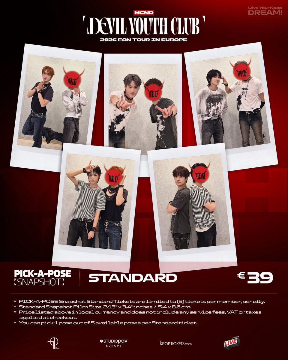 StudioPAVEurope's tweet photo. #GEM, the long-awaited ✨Pick-A-Pose Snapshot Session✨ is here!

Get a 1:1 polaroid with Castle J, BIC, Minjae, Huijun, and Win on the ❤️‍🔥MCND Devil Youth Club 2026 Fan Tour in Europe❤️‍🔥

Snapshot Tickets will go on sale October 2nd at 2:00 PM CEST on 🔗https://t.co/pmZNAWMvj5

⚠️ Notice for Paris & Lyon Snapshot Sales
Ticket sales for ✨Pick-A-Pose Snapshot Session✨ Paris and Lyon will be announced at a later date. Thank you for your understanding!

#MCND #엠씨엔디 #MCNDinEUROPE #DevilYouthClub