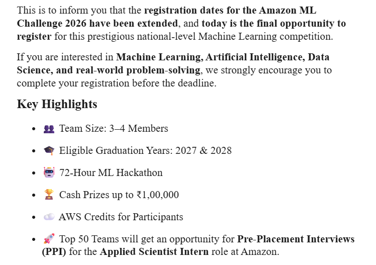 achieve71246717's tweet photo. Are you guys participating in the Amazon ML Challenge 2026? 👀#AmazonMLChallenge #MachineLearning #AI #DataScience #ML #Hackathon #Amazon #Coding #TechStudents #StudentDevelopers https://t.co/b63QkmZHn7