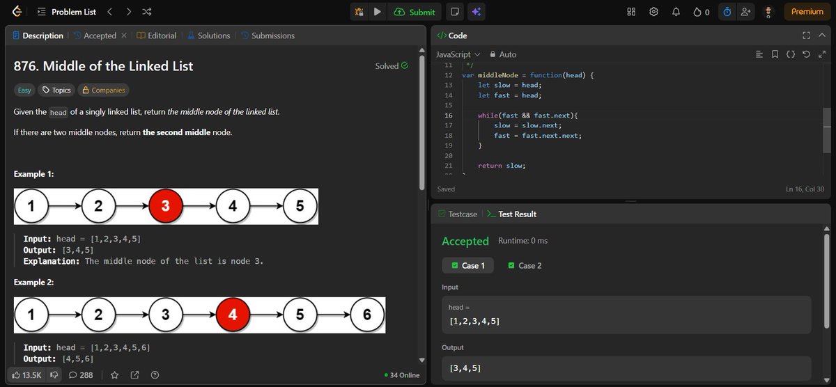 afraar_99's tweet photo. Solved LeetCode 876: Middle of the Linked List 🔗

This one introduced me to the slow &amp; fast pointer approach. One moves 1 step while the other moves 2 steps to find the middle in O(n) time and O(1) space.
Simple idea, but pretty cool once you see how it works. 🧠

#LeetCode #DSA https://t.co/xX7fvTDzK6