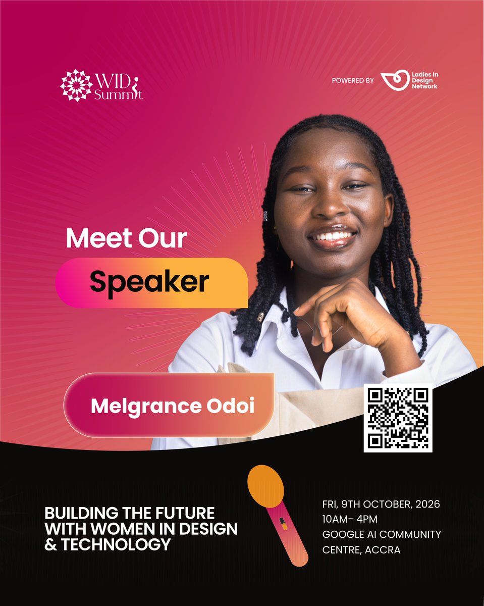 Lidn__'s tweet photo. Meet Melgrance Odoi
Weβre excited to have Melgrance Odoi joining us as a Speaker at #WIDS2026!
π Friday, 9th October 2026
β° 10AM β 4PM
π Google AI Community Centre, Accra
#WIDS2026 #WomenInDesignSummit #LadiesInDesignNetwork #WomenInDesign https://t.co/XyZKSTF7rs