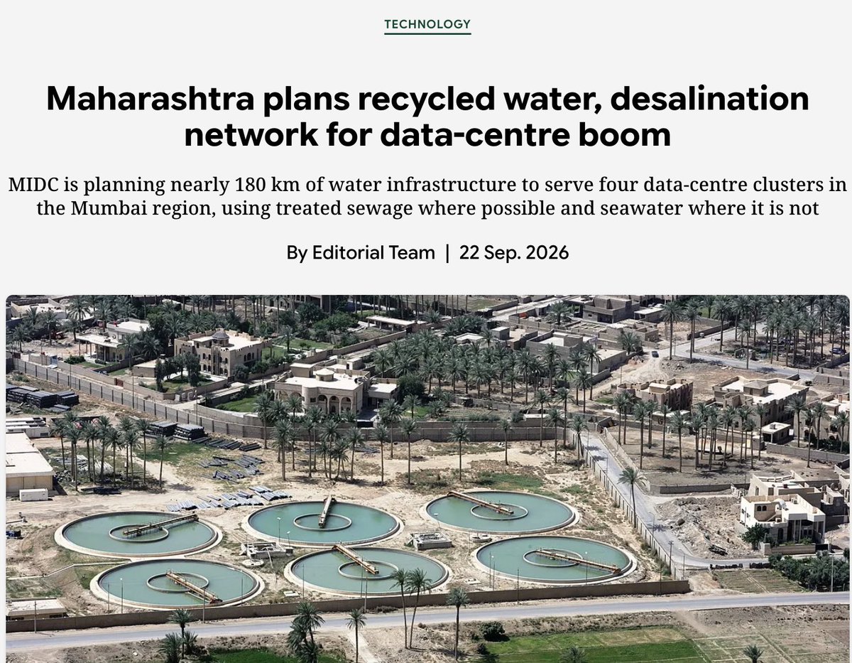 BhaskerTripathi's tweet photo. India’s data-centre boom needs water. @carboncopyinfo has new details on @midc_india’s plans to secure water for its growing data-centre industry.

Four proposed clusters in the Mumbai region could require 874 million litres a day.

https://t.co/mB7jC4vZS7 https://t.co/cTKgFup9Pt