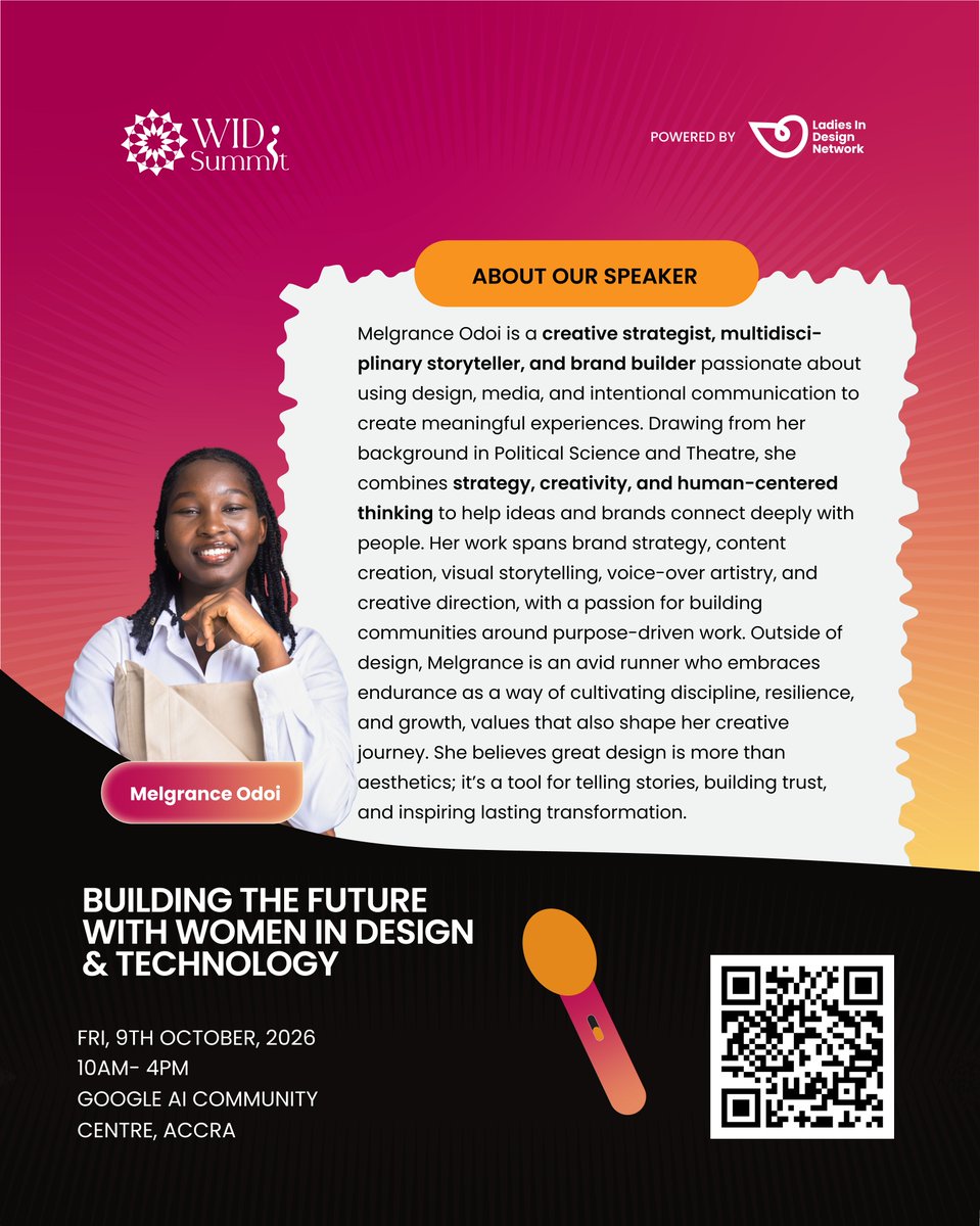 Lidn__'s tweet photo. Meet Melgrance Odoi
Weβre excited to have Melgrance Odoi joining us as a Speaker at #WIDS2026!
π Friday, 9th October 2026
β° 10AM β 4PM
π Google AI Community Centre, Accra
#WIDS2026 #WomenInDesignSummit #LadiesInDesignNetwork #WomenInDesign https://t.co/XyZKSTF7rs