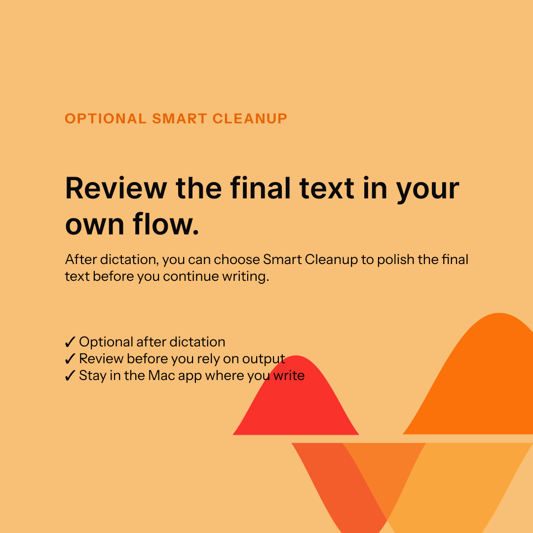 voiceavel's tweet photo. Dictate naturally. Keep your flow. ✍️

When you’re ready, Smart Cleanup polishes your text—without taking you away from where you’re working. 💻

Write naturally. Polish when you’re ready.

https://t.co/P1sHBUwssV https://t.co/oox90eSXiG