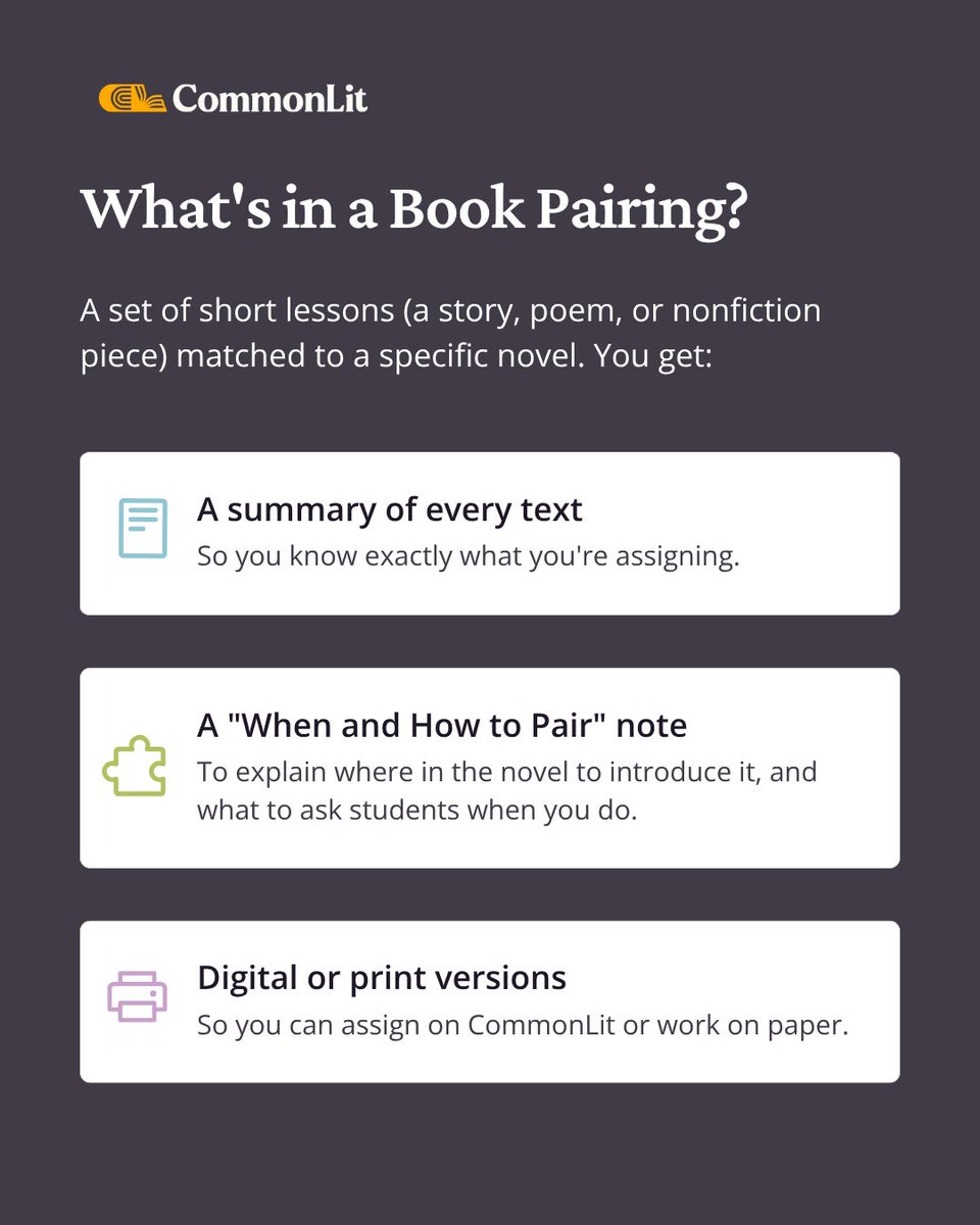 CommonLit's tweet photo. CommonLit's Book Pairings give you short lessons matched to a specific novel, and every pairing comes with a "When and How to Pair" note on where in the novel to introduce the text and what question or comparison it's meant to support. 📚 

🧠 Learn more: https://t.co/s3DOqbXJ3R https://t.co/sKCPBgoHCd