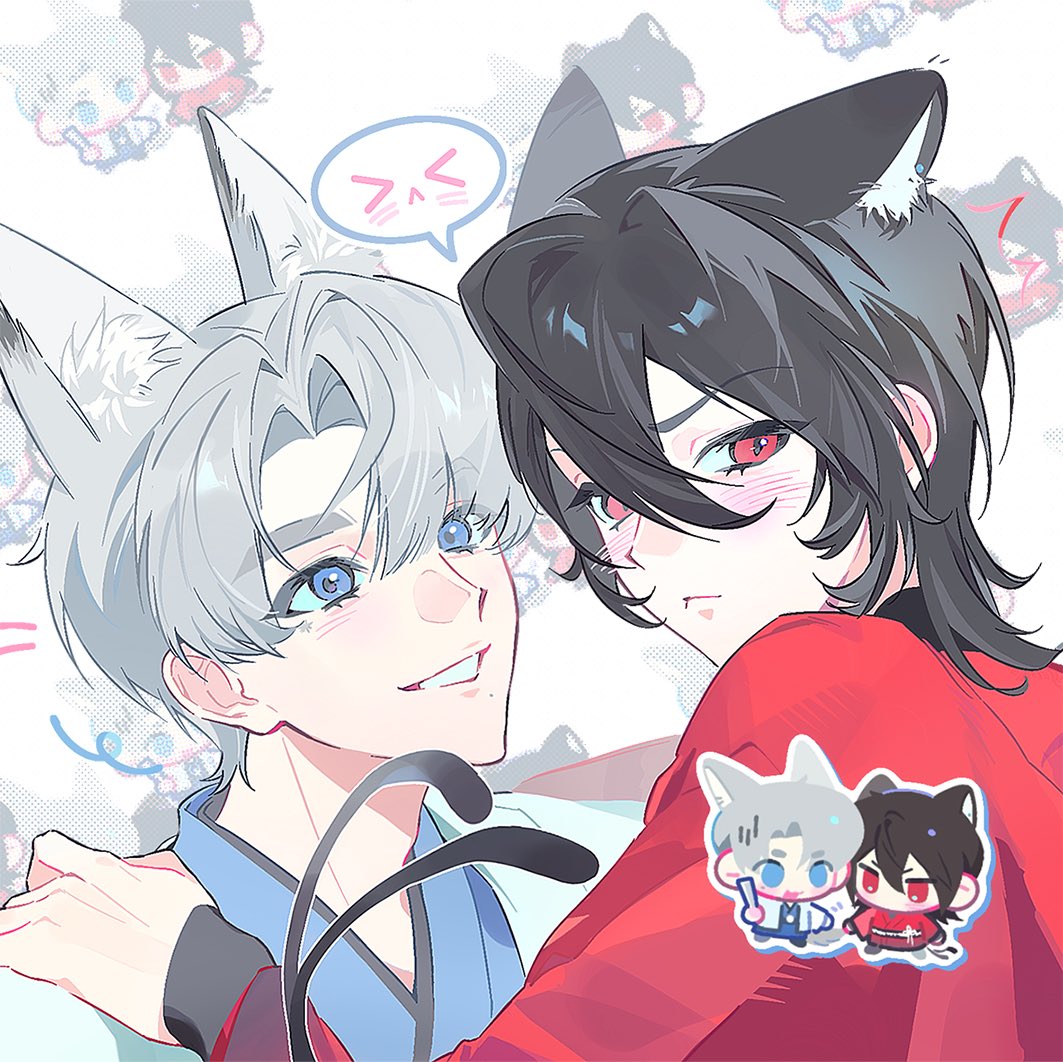 hin0haa's tweet photo. 因为做了p1的无料，突然的，想来上传一下我和朋友私设的日本志怪风格的yukitaeki设定🥺✋🏻
在这个世界中泰容是狼人一族里难得一见的白化狼，靠自己拥有了很多权利，而悠太是吃掉妖怪从小黑猫变成妖怪猫又的猫猫…伴随着一些欺骗和爱情还有对抗 …其实是个立场对立但是又在谈恋爱的故事🥺 https://t.co/rYWL12C1yB