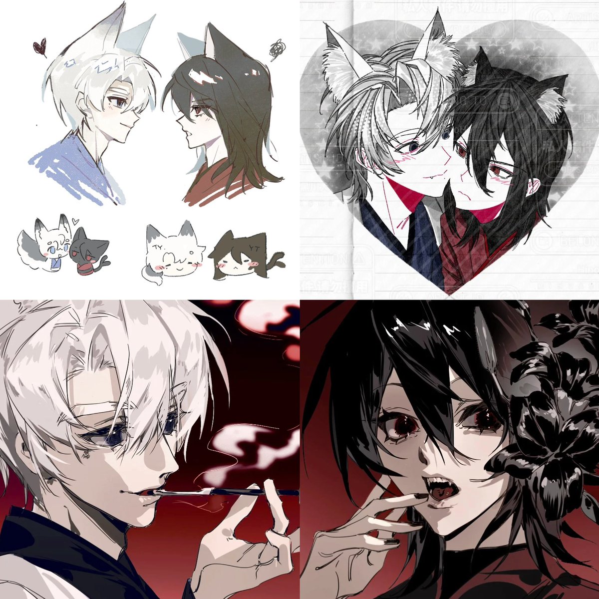 hin0haa's tweet photo. 因为做了p1的无料，突然的，想来上传一下我和朋友私设的日本志怪风格的yukitaeki设定🥺✋🏻
在这个世界中泰容是狼人一族里难得一见的白化狼，靠自己拥有了很多权利，而悠太是吃掉妖怪从小黑猫变成妖怪猫又的猫猫…伴随着一些欺骗和爱情还有对抗 …其实是个立场对立但是又在谈恋爱的故事🥺 https://t.co/rYWL12C1yB