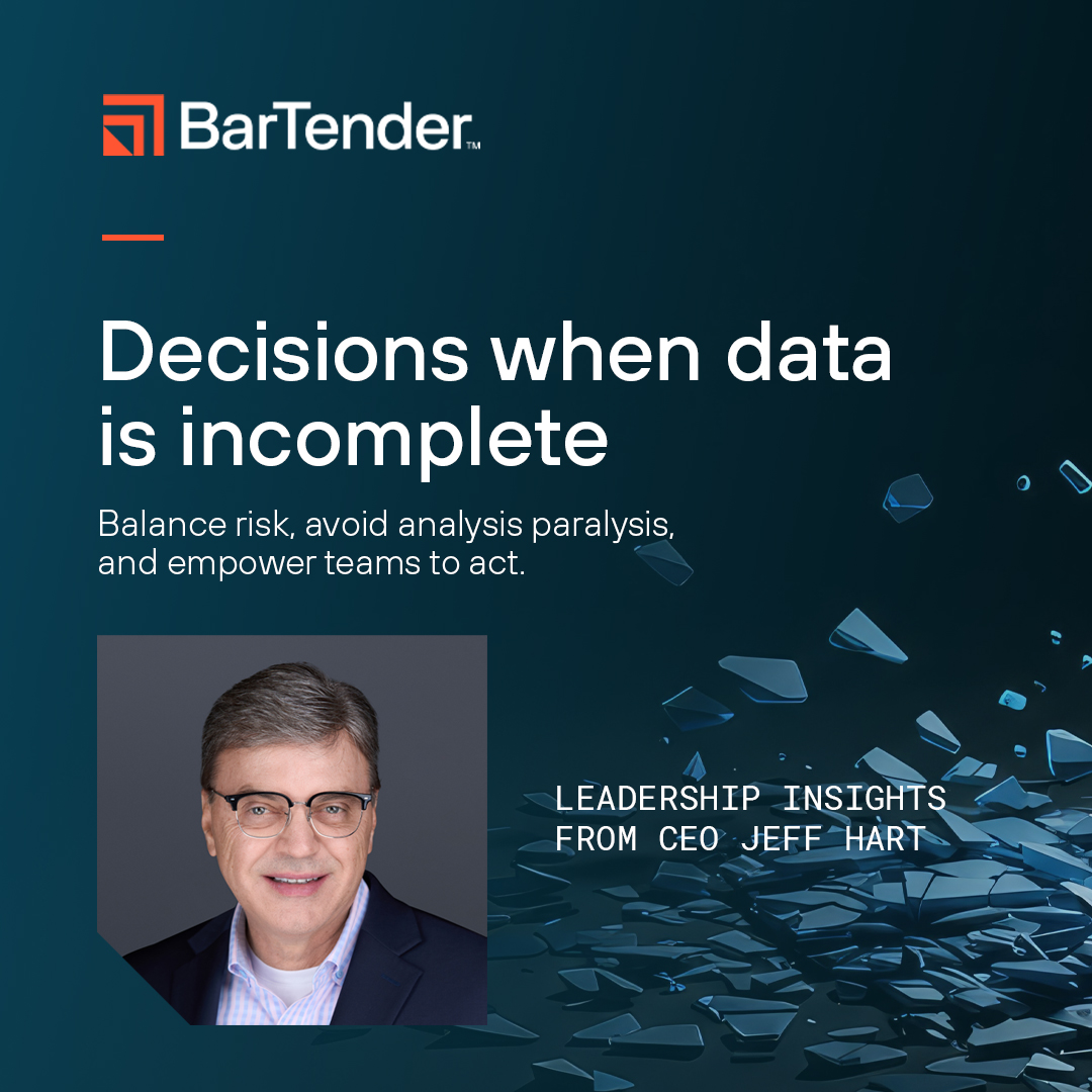 BarTenderTech's tweet photo. #Leadership rarely comes with perfect information.

CEO Jeff Hart explores one of the most important challenges leaders face: knowing when you have enough information to make a decision and move forward.

Read the blog: https://t.co/GZMX7yqye4.
#BusinessLeadership #DecisionMaking https://t.co/4DVd5syQcd