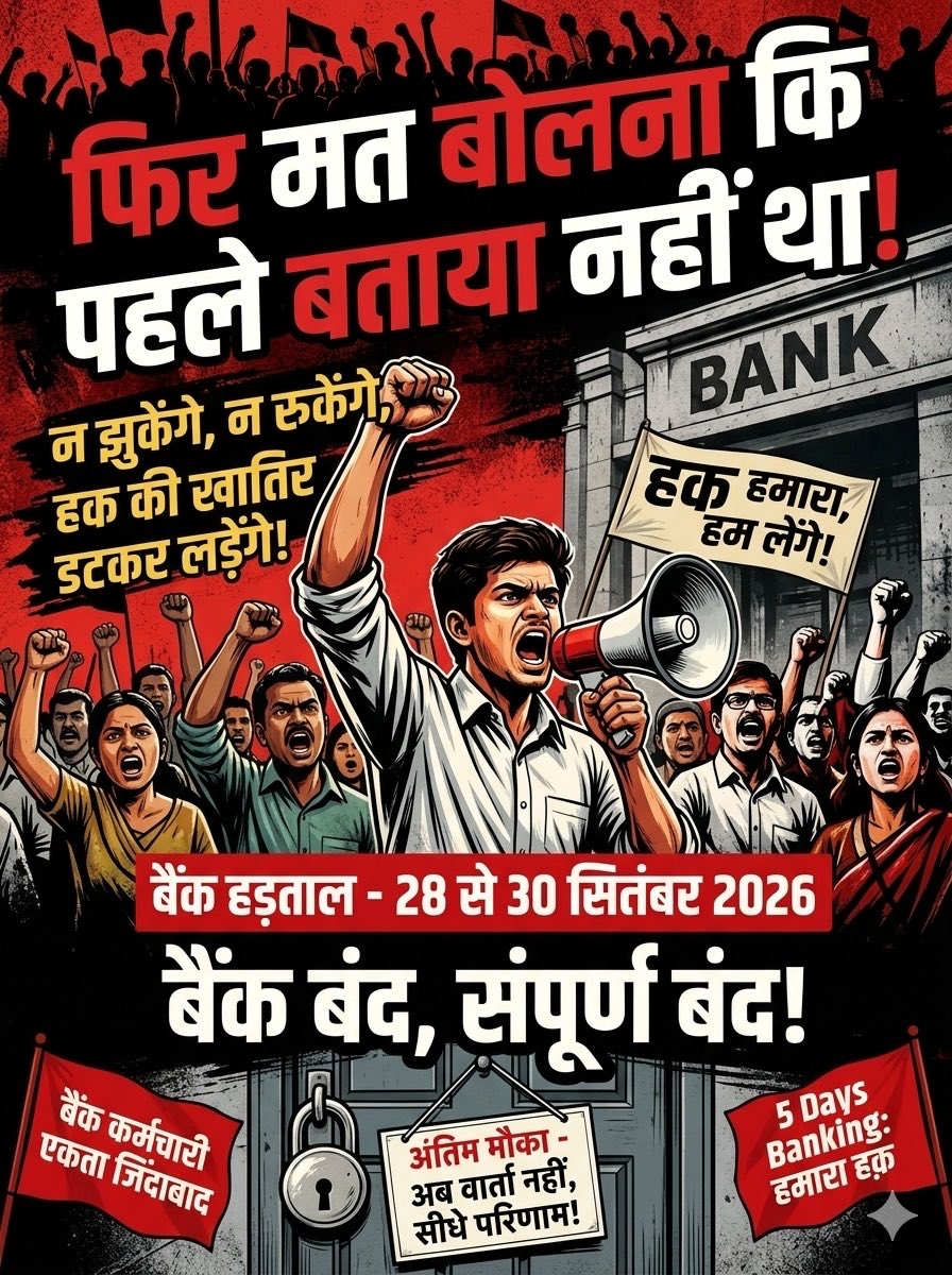 BankerKumari's tweet photo. तारीखें नोट कर लीजिए—28, 29 और 30 सितंबर! UFBU का साफ ऐलान है कि हड़ताल होकर रहेगी।
#StrikeStands #BankStrike #5DaysBankingNOW https://t.co/f4MUdXV1Ze