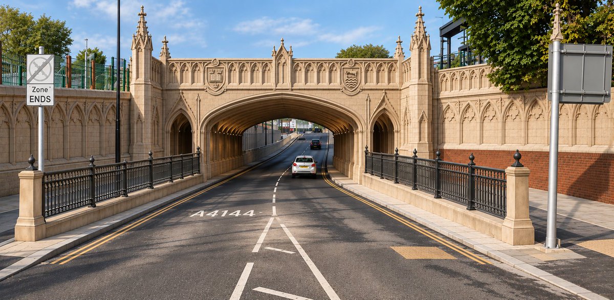 TeatherEdward's tweet photo. What's depressing about the Botley Road Bridge is that thought was put into the design, but it still looks ugly.

Planning docs claim the "gothic themed shape" along the side of the bridge is "inspired" by and "sympathetic to" Oxford's character.

They could have done this: https://t.co/aqhkvasFWQ
