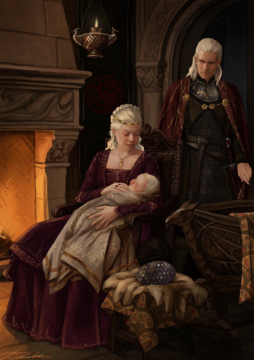 JantheTool's tweet photo. “…she brought forth a small but robust son, a pale princeling with dark purple eyes and
pale silvery hair. She named him Aegon. Prince Daemon had at last a living son of his own blood…” 

Rhaenyra &amp; Daemon with their first-born, Aegon

Comm by @debustee

#daemyra #hotd #asoiaf https://t.co/8XC8cgzJ8L