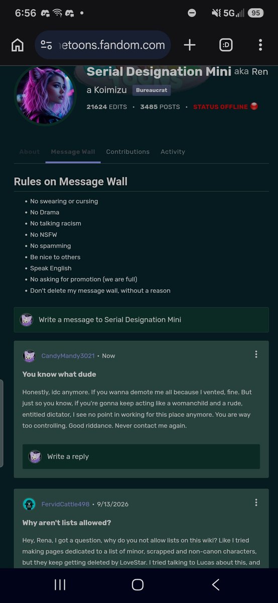 KittyMitty2038's tweet photo. @TizzysAlt Oh yeah, If anyone sees this and you think about wanting to work for GameToons Wiki, I don't advice you work for these fucks. These staff people are just plain childish asf, pick favorites and just act plain retarded. They're not good people. Mostly Rena. https://t.co/UXKYTZWNmd
