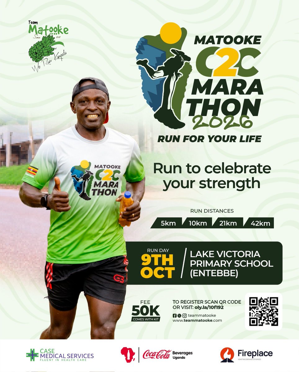 teammatooke's tweet photo. Running is a powerful way to celebrate what your body can do, clearing your mind and building lasting physical resilience. #MatookeC2CMarathon #KampalaToEntebbe

To register for your kit:
https://t.co/NE6d95XwJg
Or Dial: *284*844#

@CocaColaBevUg @casemedservices @FireplaceAgency @Mighty_ridesug @pridebankltd @ERBUganda @OAG_Uganda
