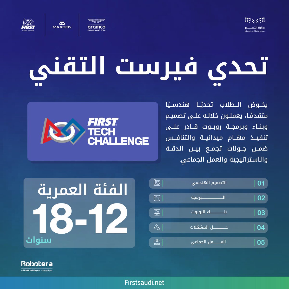 FIRST_1SAUDI's tweet photo. تحدي فيرست التقني
جاهزون لمستوى جديد من تحديات الروبوتات؟ 🤖⚙️
للأعمار 12–18 سنة، لتصميم وبناء وبرمجة روبوتات ضمن تجربة تعليمية تنافسية مليئة بالابتكار.
#FIRSTSaudiArabia #Maaden #FIRSTSaudi #FIRST_CANOPY #UnearthYourGreatness #AMF1
@MaadenKSA
@Robotera_SA https://t.co/adGRTpjIVw