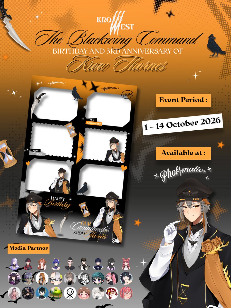KrowWest's tweet photo. 🪶 KROWCO, FEATHERS UP! 🐦‍⬛

The Blackwing Command is calling!
Join us for a special photobooth event celebrating Krow Thornes' Birthday &amp; 3rd Anniversary! 🖤

🗓️ 1-14 October 2026
📍 Photomatics
+ special freebies! 👀

It's time to gather the flock! 🪶
#TheBlackwingTrilogy https://t.co/iWhbUUSE7x