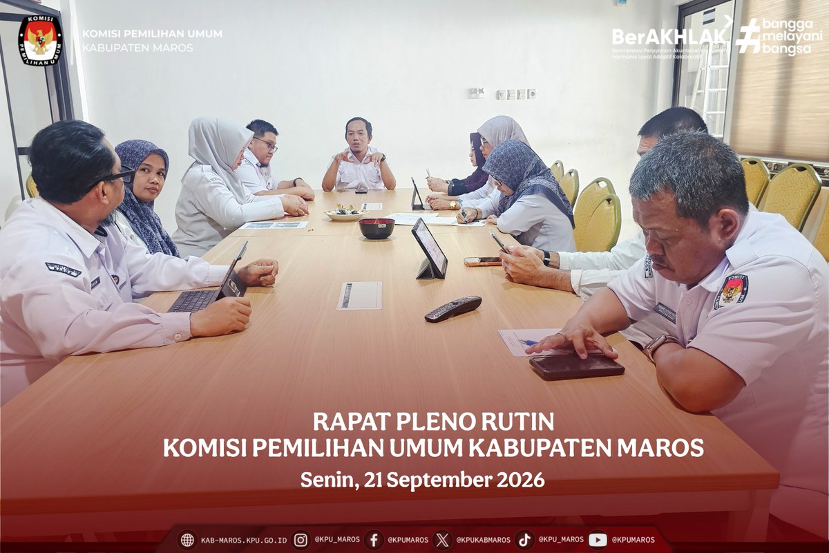 kpukabmaros's tweet photo. #TemanPemilih, Komisi Pemilihan Umum  Kabupaten Maros menggelar Rapat Pleno Rutin bertempat di Media Center KPU Kabupaten Maros, Senin (22/9/2026).

#KPUMelayani https://t.co/UWz6qjf78j