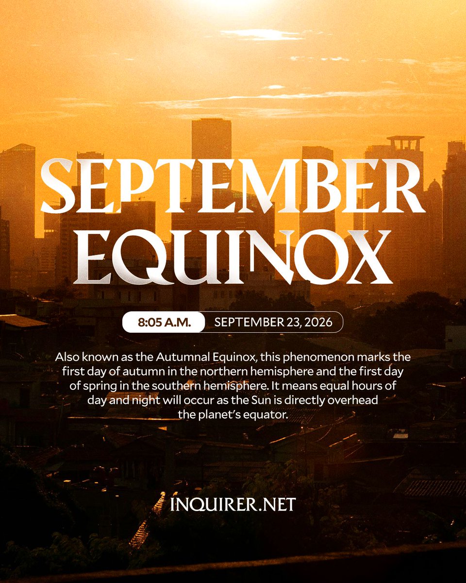 inquirerdotnet's tweet photo. SEPTEMBER EQUINOX 

Today, Sept. 23, marks the time of year when days and nights are said to be equal in length for much of the globe as the Sun is directly overhead Earth’s equator. https://t.co/9zZAM7NPmp