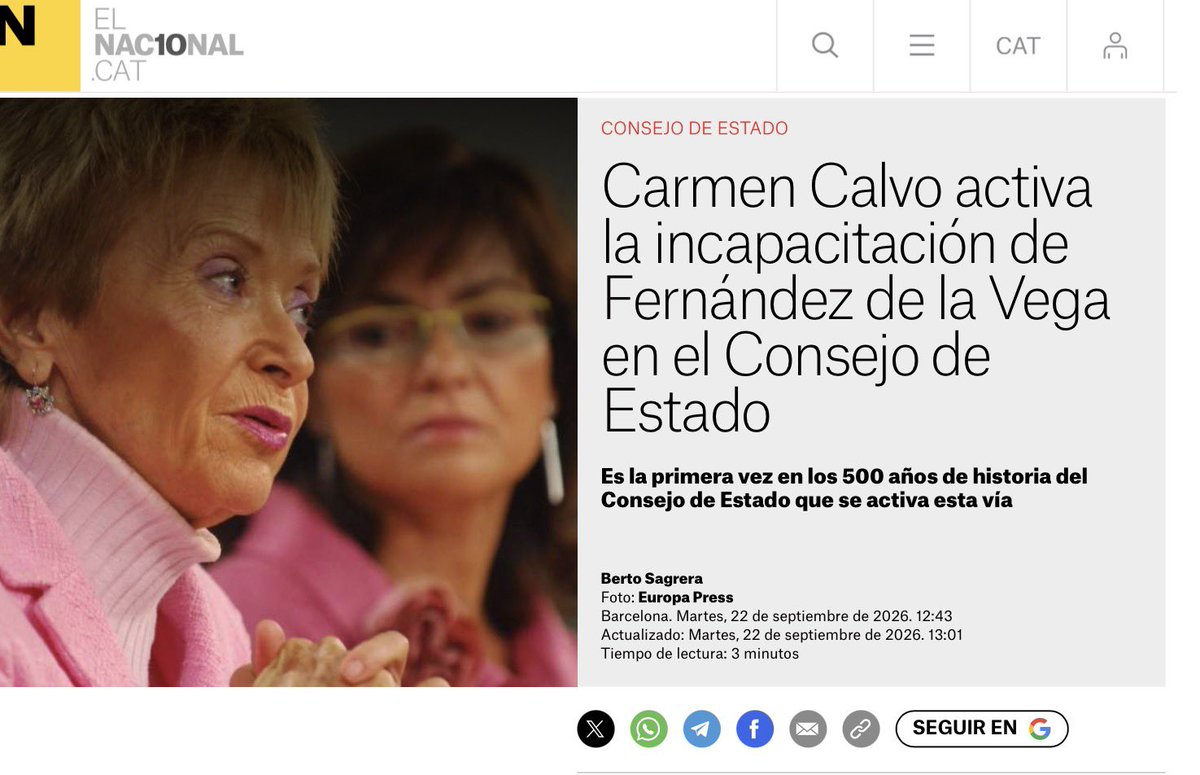 anluma99's tweet photo. El miedo a un posible gobierno del ultraderechizado PPVOX llega al Consejo de Estado 

Carmen Calvo, presidenta del Consejo de Estado, ha iniciado un expediente de incapacitación contra María Teresa Fernández de la Vega, consejera permanente 
La señora Fernández  (77 años), exvicepresidenta con Zapatero, lleva más de un año de baja médica por problemas de salud sin perspectivas de mejora a corto o medio plazo. Los cargos de consejero permanente son vitalicios e inamovibles; esta es la primera vez en los 500 años de historia del órgano que se activa esta vía excepcional. La decisión se comunicó el 17 de septiembre en la comisión permanente, con apoyo unánime. El procedimiento sigue el artículo 11.3 de la Ley Orgánica del Consejo de Estado: audiencia a la afectada (improbable por su estado), dictamen del pleno (previsto a partir del 1 de octubre) y, si procede, ratificación del Consejo de Ministros mediante real decreto. Calvo informó previamente a Félix Bolaños. Algunos interpretan el movimiento como una maniobra de Calvo para asegurarse una plaza vitalicia ante un posible cambio de Gobierno