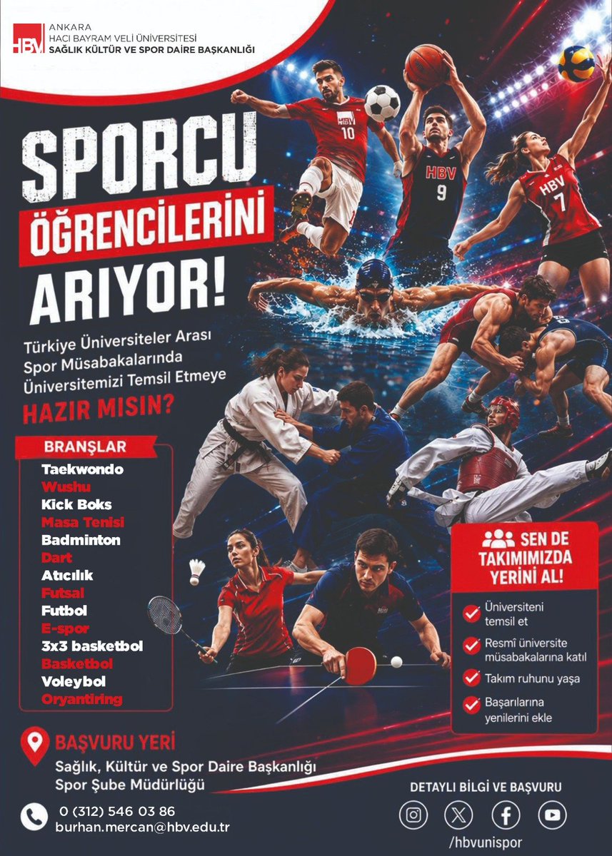 hacibayramedutr's tweet photo. 🏆 SPORCU ÖĞRENCİLERİMİZİ ARIYORUZ!

Türkiye Üniversiteler Arası Spor Müsabakalarında Üniversitemizi temsil edecek sporcu öğrencilerimizi takımlarımıza katılmaya davet ediyoruz!

Sporun heyecanını takım ruhuyla yaşamak, üniversitemizi farklı branşlarda temsil etmek ve başarılarımıza yenilerini eklemek için takımlarımızdaki yerinizi alın! 🏅

🥋 Taekwondo
🥊 Wushu | Kick Boks
🏓 Masa Tenisi
🏸 Badminton
🎯 Dart / Atıcılık
⚽Futbol
🎮 E-Spor
🏀 3x3 Basketbol /Basketbol
🏐 Voleybol
🧭 Oryantiring

📍 Başvuru Yeri: Sağlık, Kültür ve Spor Daire Başkanlığı
Spor Şube Müdürlüğü
📞  (0312) 546 03 86