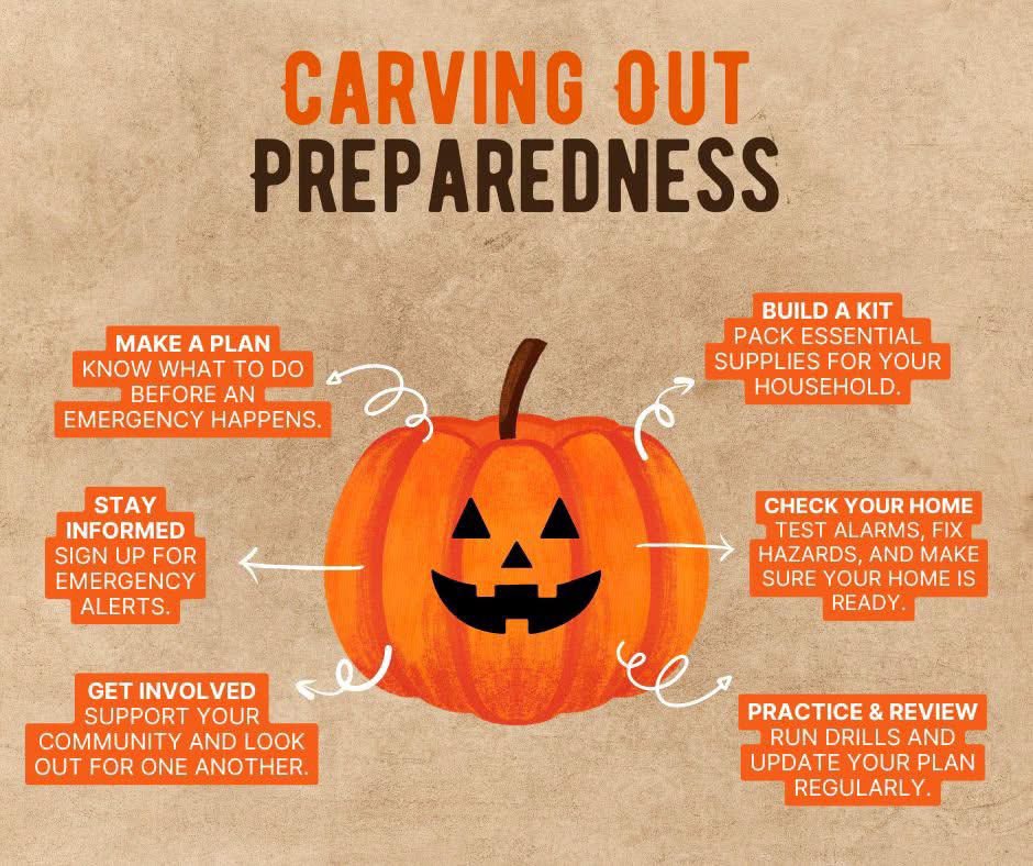 SCEMD's tweet photo. Carve out a little time for preparedness this fall.
As the leaves change and cooler weather arrives, it's the perfect time to make sure you're ready for whatever comes your way.
#CarvingOutPreparedness #FallPreparedness #emergencypreps https://t.co/oSstX0vHgU