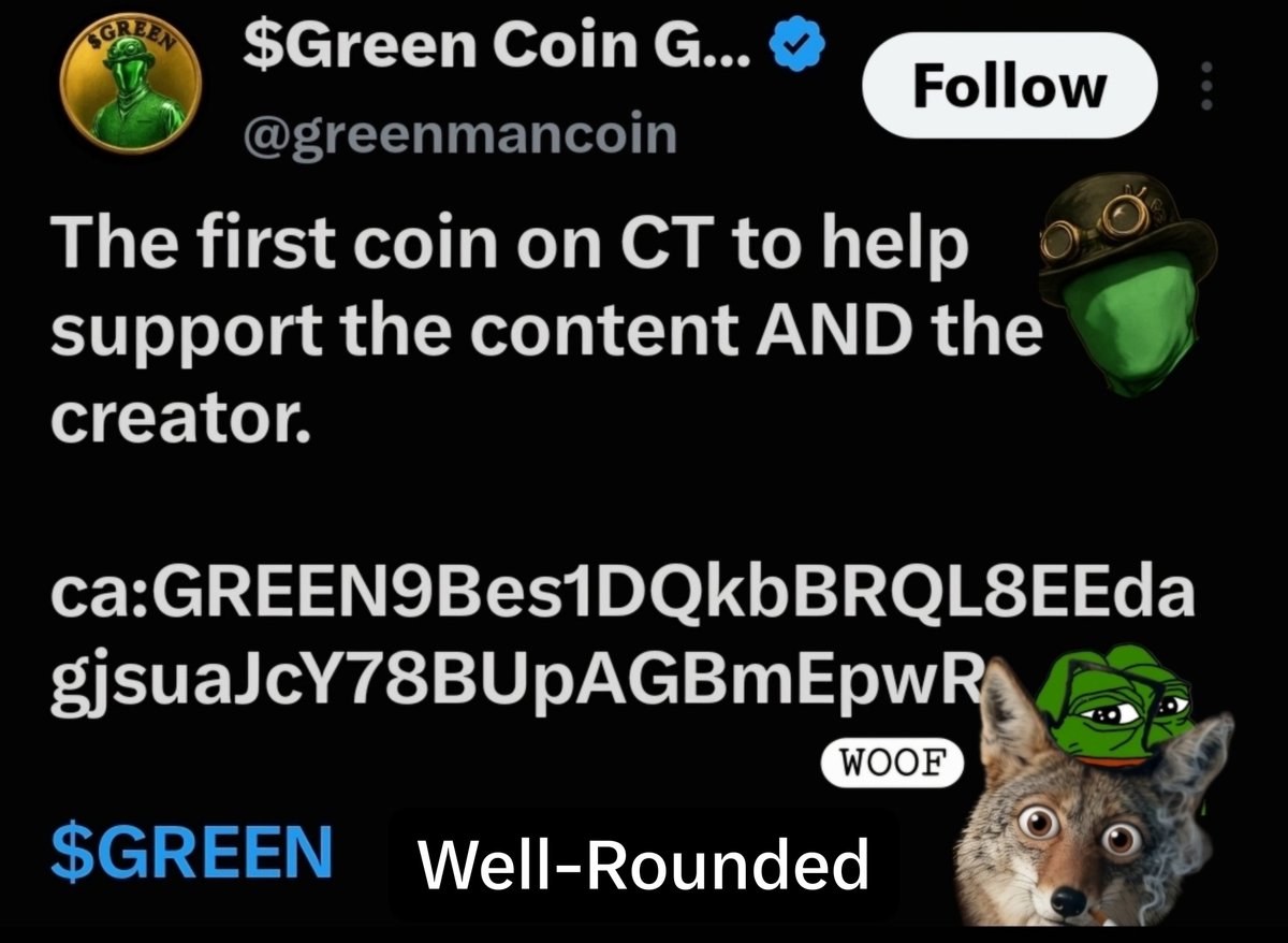 YoteOfStreet's tweet photo. @GreenManReports The first coin on CT to help support the content AND the creator.
• I was telling @grok - about @GreenManReports's integrity, and how well-rounded he was.
We live in a rougj time, but with that comes opportunity.✔️￼✅️
ca:GREEN9Bes1DQkbBRQL8EEdagjsuaJcY78BUpAGBmEpwR

$GREEN https://t.co/2nr2ovuQe8