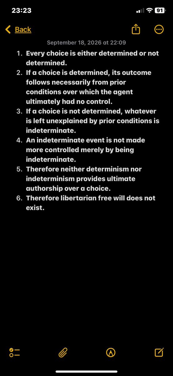 celestialcyst's tweet photo. @NunyaDanBiznez @Raggmuffx3 @jeremyct @No_Mo_Diversity I’ll post the syllogism again since I think it’s my strongest argument that free will doesn’t exist. Your best chance is to critique the specific points, tho I don’t think you’ve demonstrated the ability to do so more than “that’s dumb” https://t.co/H2NZvGY0x1