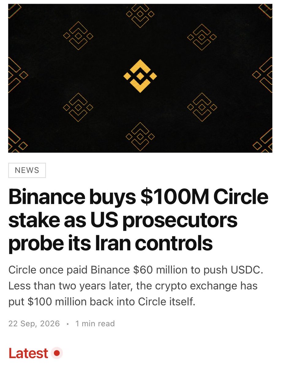 thecoinformer's tweet photo. LATEST: @circle once paid @binance about $60M upfront to promote USDC. Now Binance has invested roughly $100M back into Circle itself

Binance bought about 1.2M shares at roughly $80 each in a private placement that closed Sept. 17.

The exchange had previously agreed to keep billions of dollars in USDC. It was also receiving monthly incentives tied to those holdings.

In the meantime, U.S. prosecutors are reportedly probing whether Binance knowingly allowed trades that violated Iran sanctions, months after the exchange said its Iran-linked exposure had fallen more than 97% and that its compliance controls had worked.

Binance previously pleaded guilty to sanctions and AML violations in 2023.

Read more on The Coinformer.