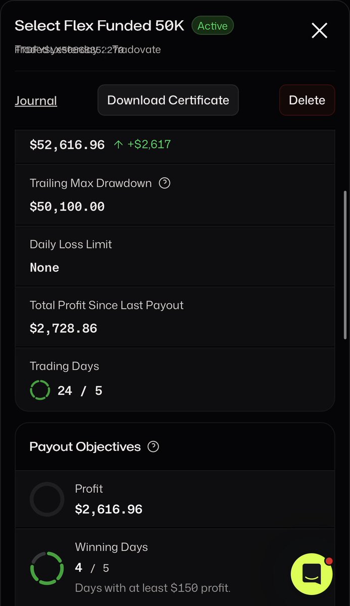 Screenshot of Tradeify Select Flex 50K account showing $2,617 profit and winning-day progress.