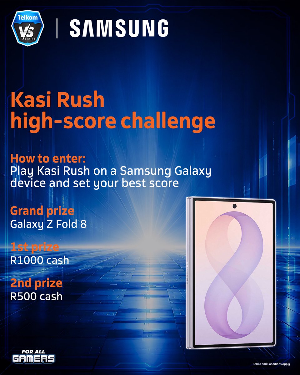 VSGamingWorld's tweet photo. Ready to top the leaderboard? 🎮🔥
Take on the Kasi Rush High-Score Challenge at Comic Con Africa on a Samsung device for a chance to WIN a Galaxy Z Fold 8 worth R40 000!
Think you’ve got what it takes? 👀
T&amp;Cs apply.

#PlaySamsung #SamsungSA #Samsung https://t.co/0x59b9bSLj